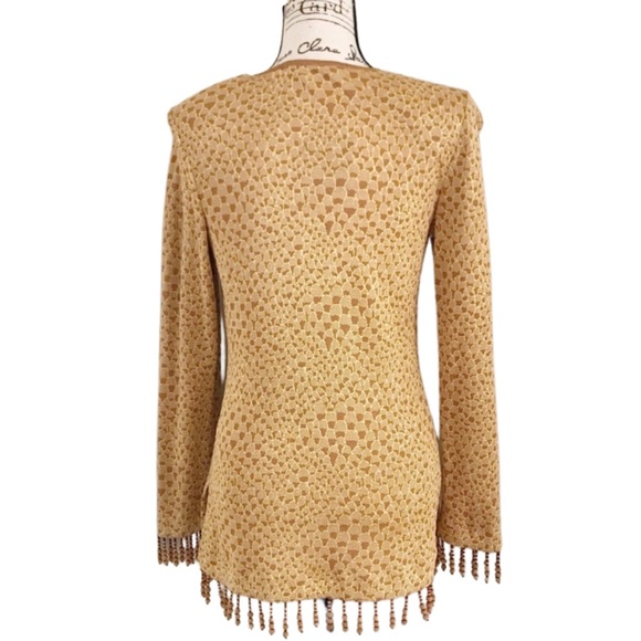 St. John Couture Gold Metallic V Neck Tunic With Wood Bead Fringe - Picture 2 of 6